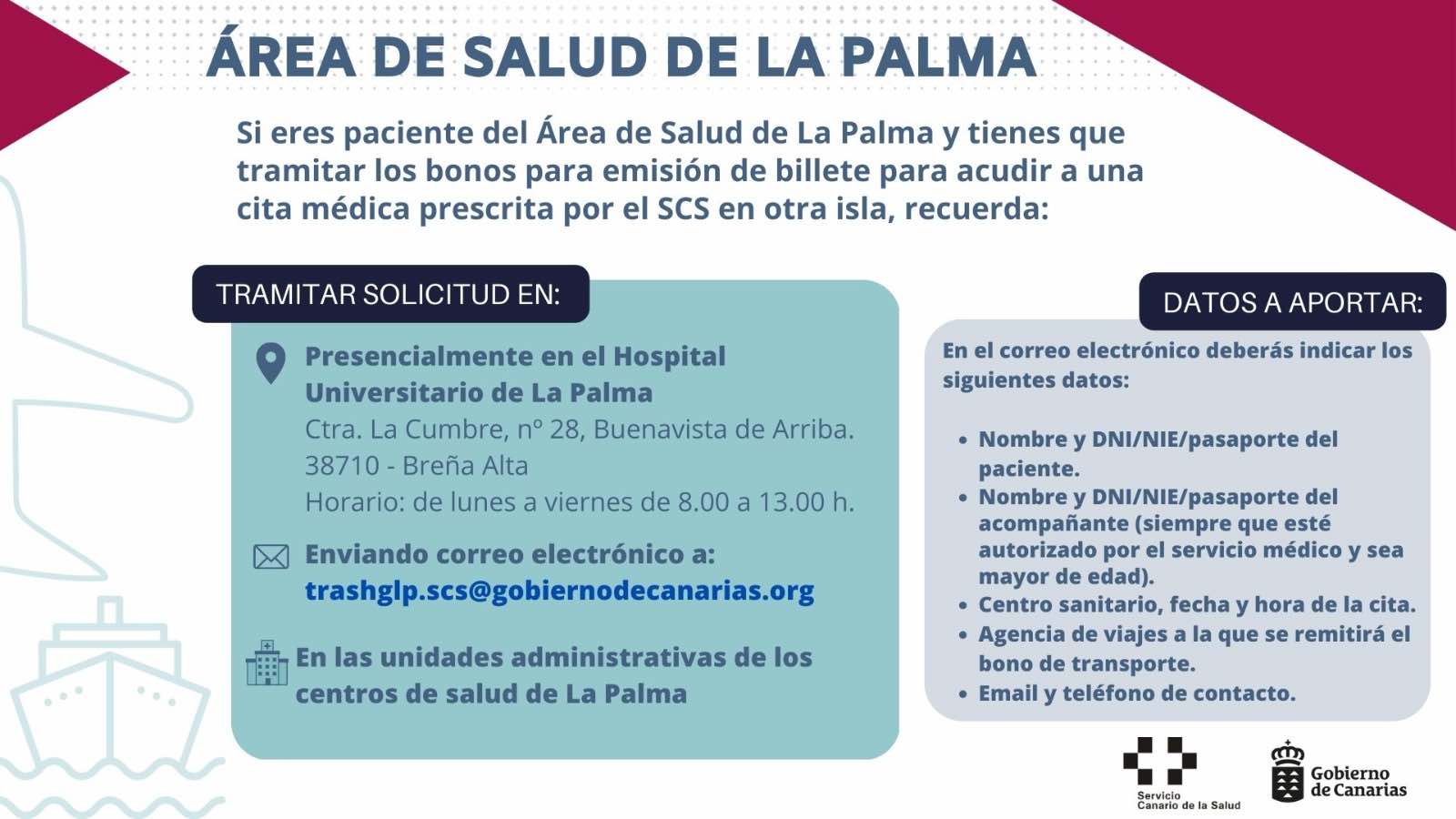 El Área de Salud de La Palma actualiza el proceso para tramitar los bonos de traslado de pacientes 