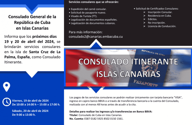 El Cabildo acogerá el Consulado Itinerante de Cuba los días 19 y 20 de abril